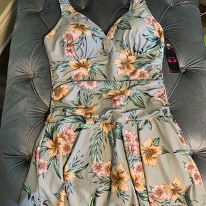 SHEKINI Women's V Neck One Piece Swim Skirt Ruched Tummy Control Swimdress Bathi